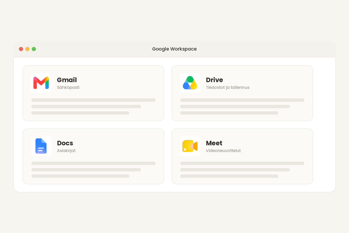 Google Workspace -työkalut: Gmail, Drive, Docs ja Meet yhdessä näkymässä