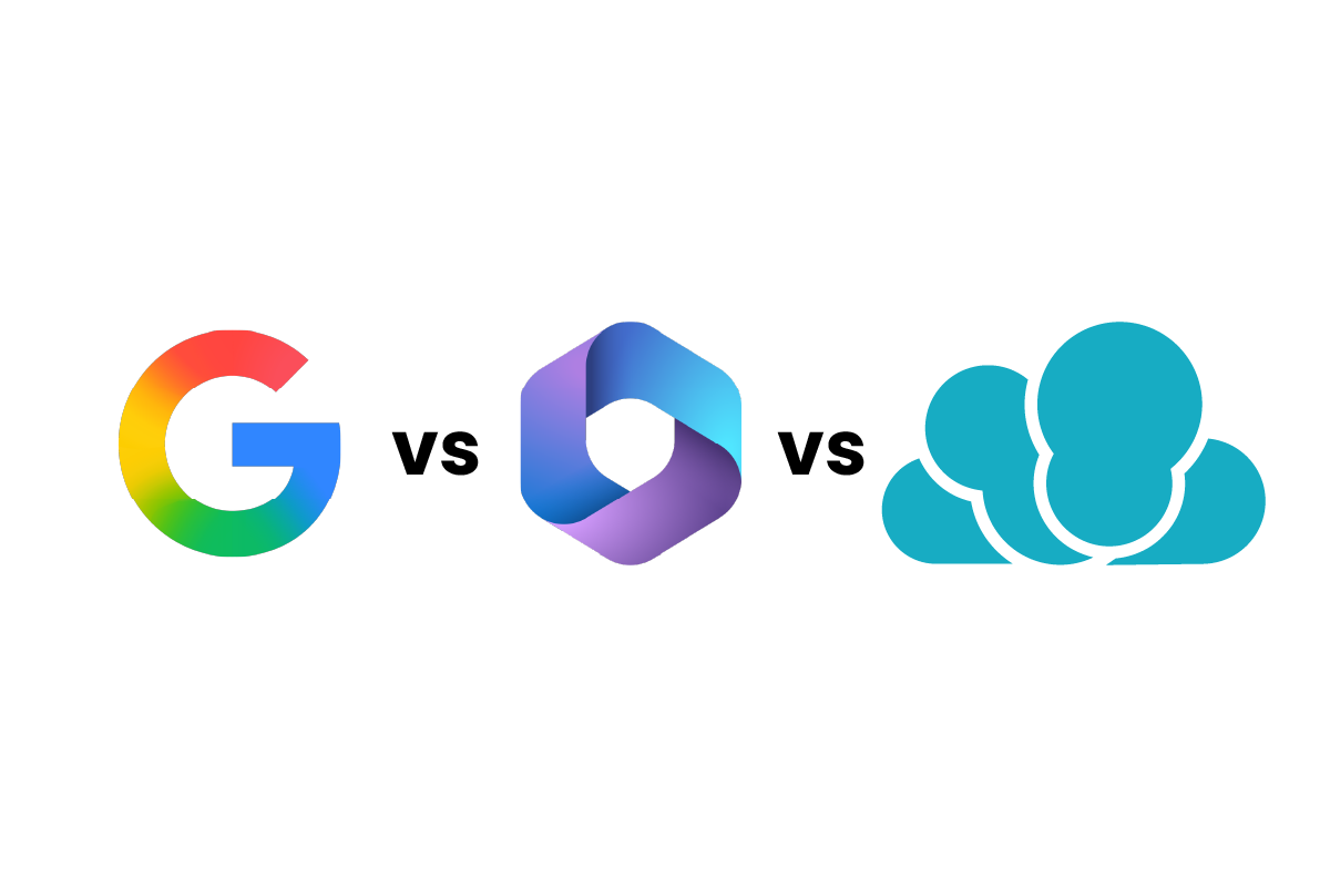 Kolme yrityssähköpostivaihtoehtoa: Google Workspace, Microsoft 365 ja Webmail rinnakkain